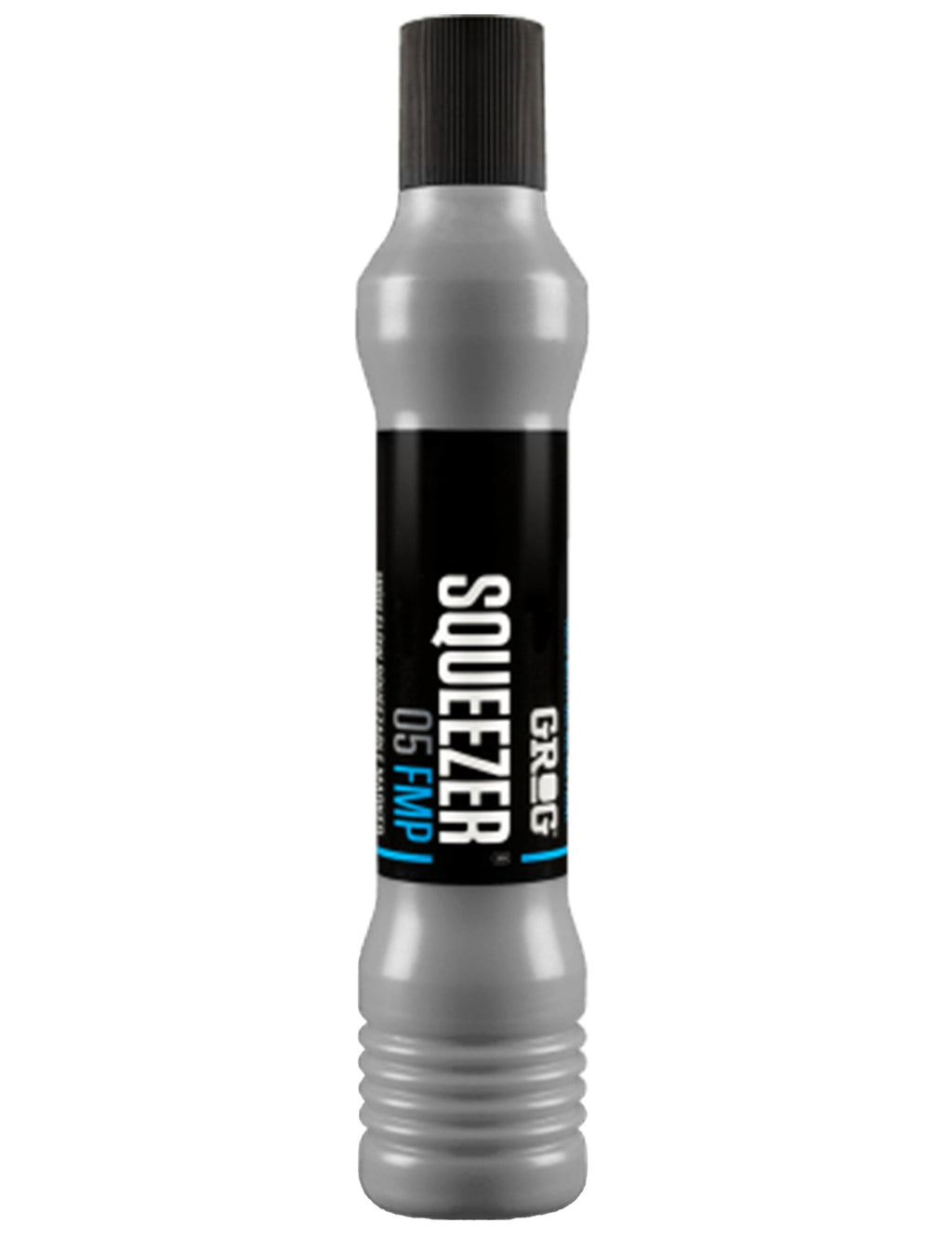 Chrome silver squeezer marker with ridged cap and black label