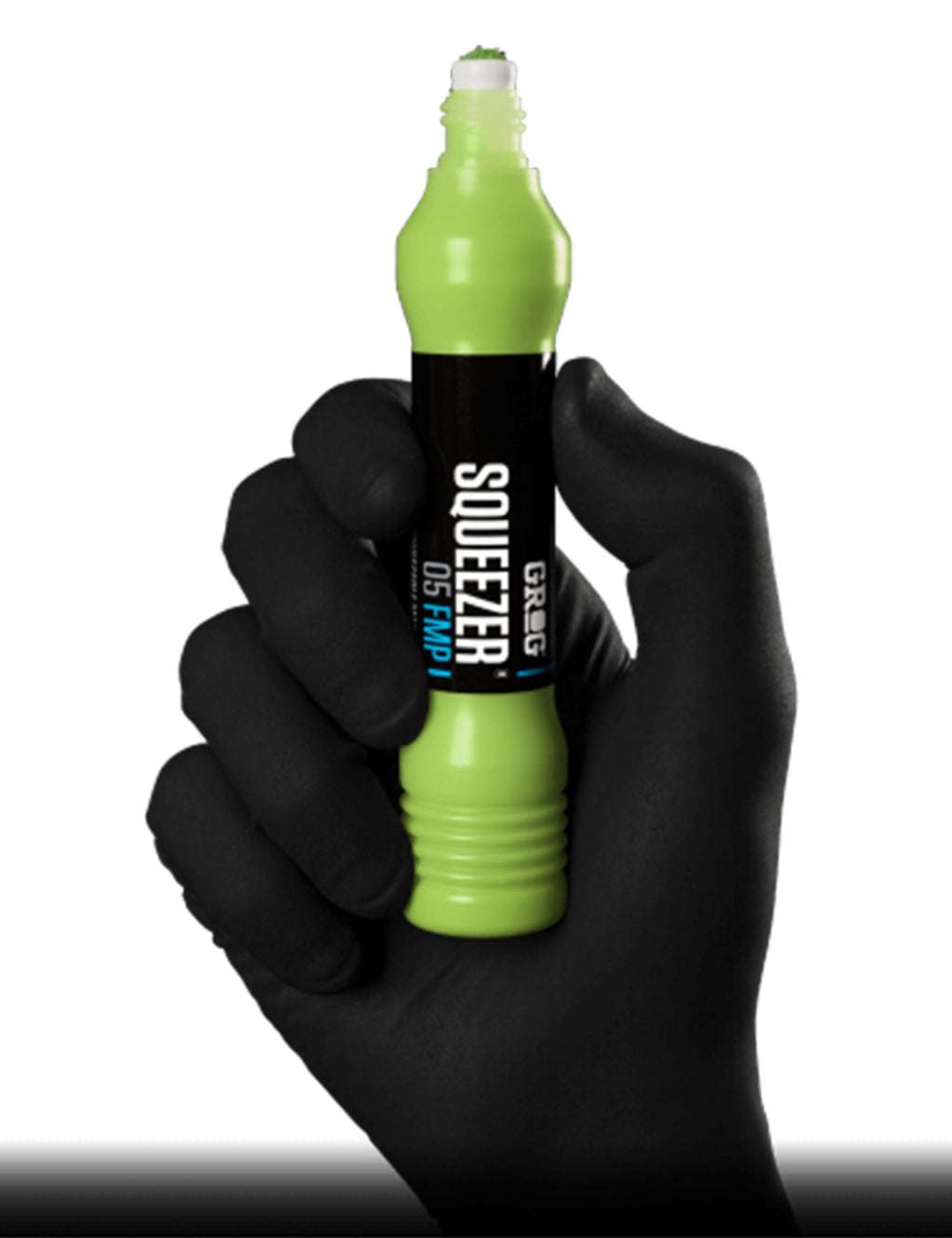 Lime green squeezer marker held in black-gloved hand