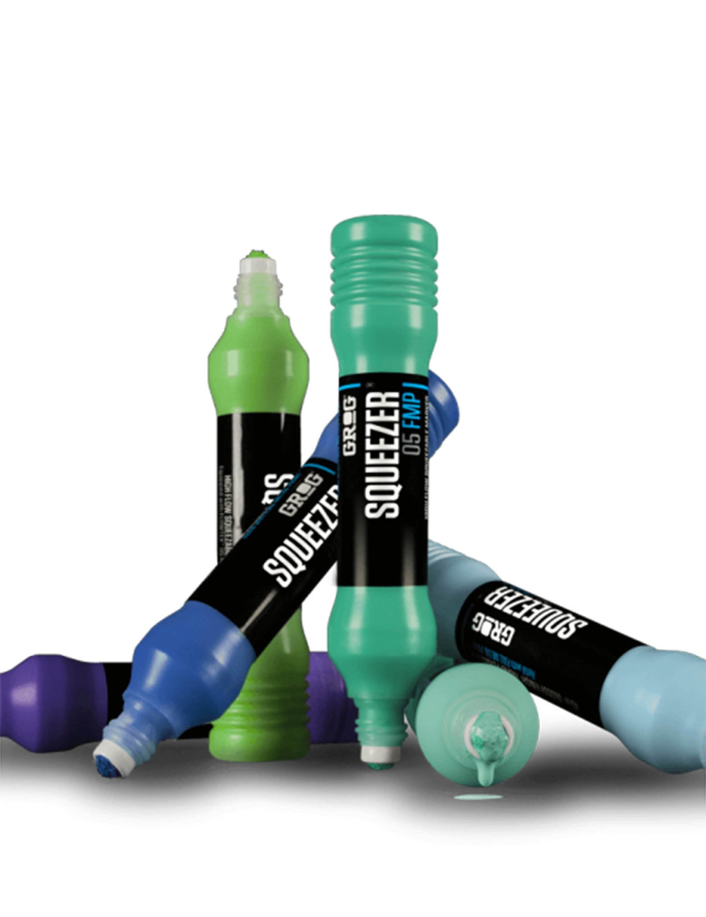 Green squeezer marker bottles with colored caps and nozzles