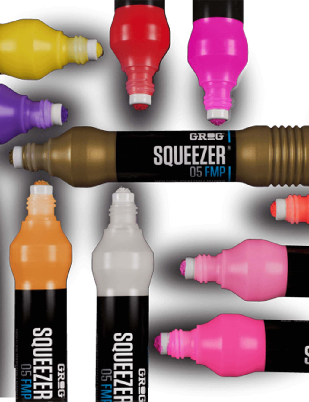 Assorted squeeze markers in orange, pink, purple, gold, and green