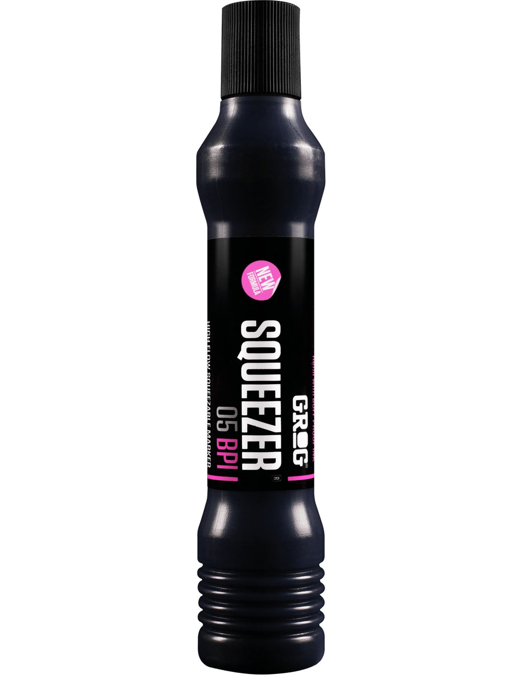 Squeezer marker bottle with ribbed grip and black cap; Splatter Red pink label