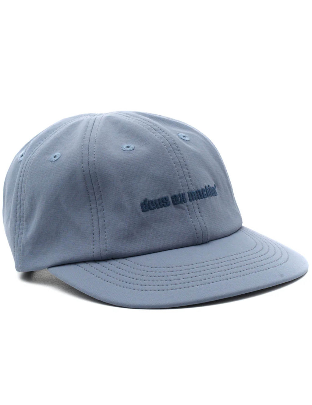 Light blue 8-panel baseball cap with embroidered logo and ventilation eyelets