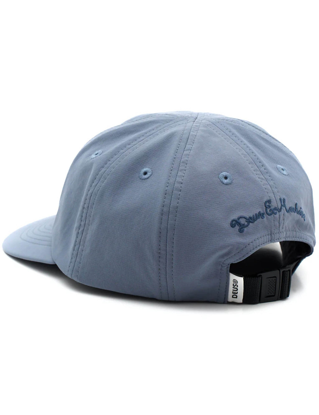 Light blue 8-panel cap with embroidered side logo and adjustable back strap