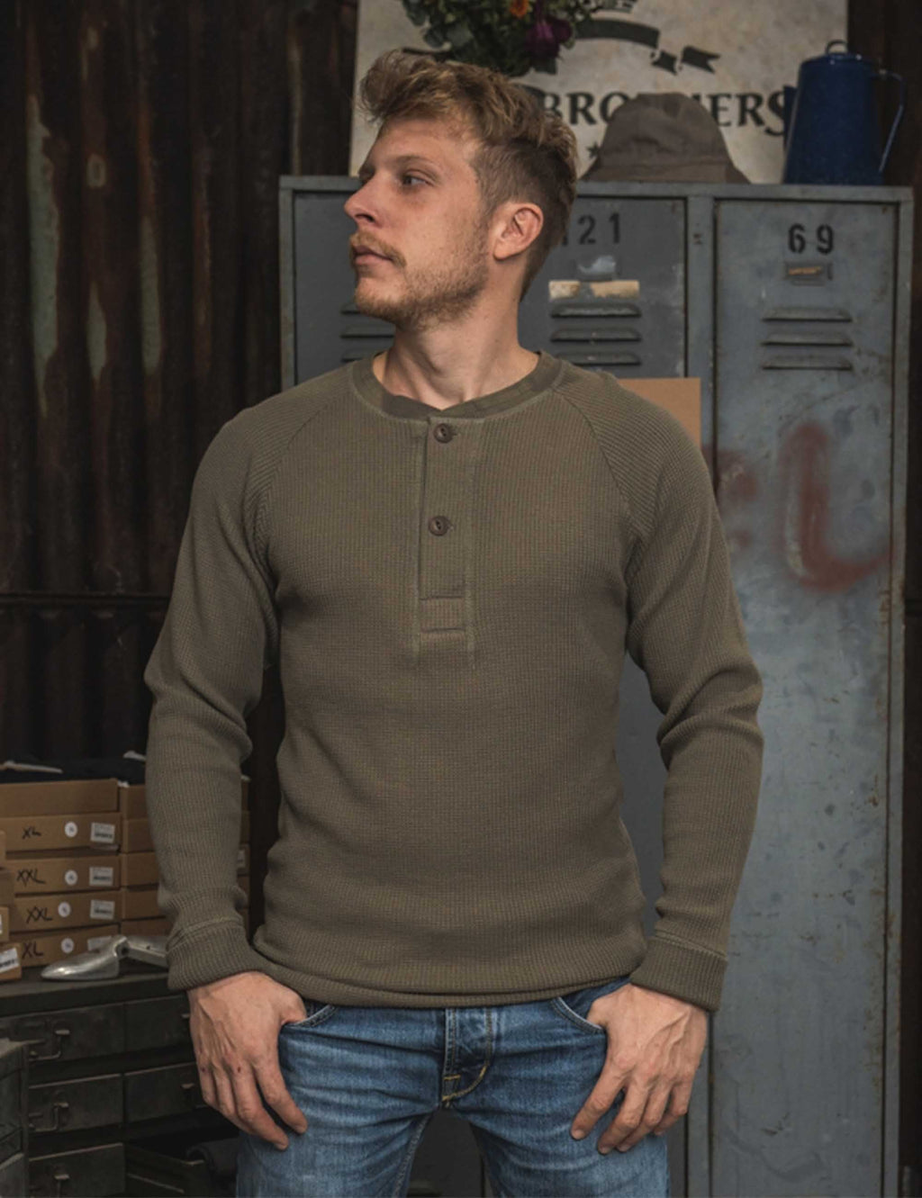 1936 Waffle Henley T-Shirt Shirt - Army