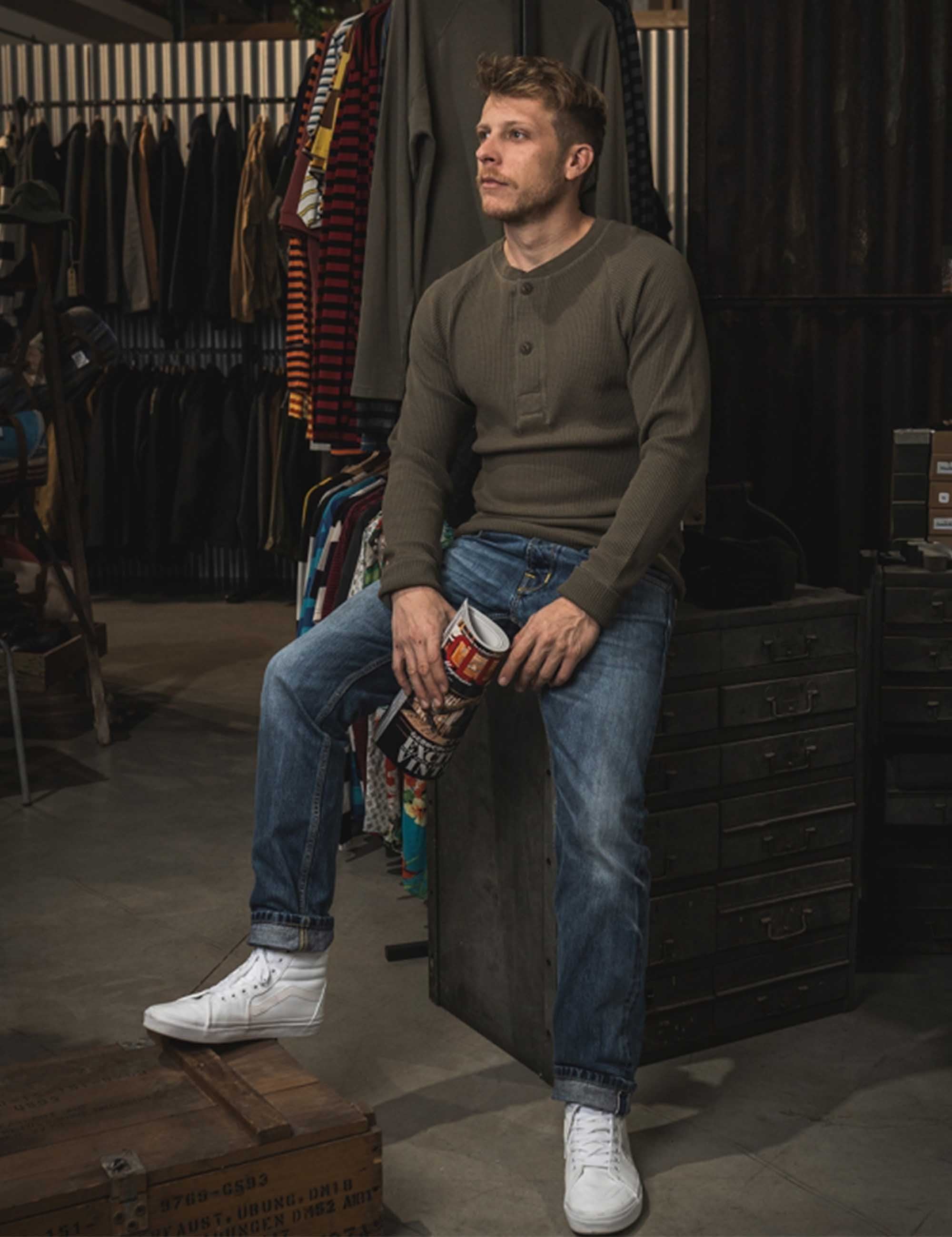 1936 Waffle Henley T-Shirt Shirt - Army