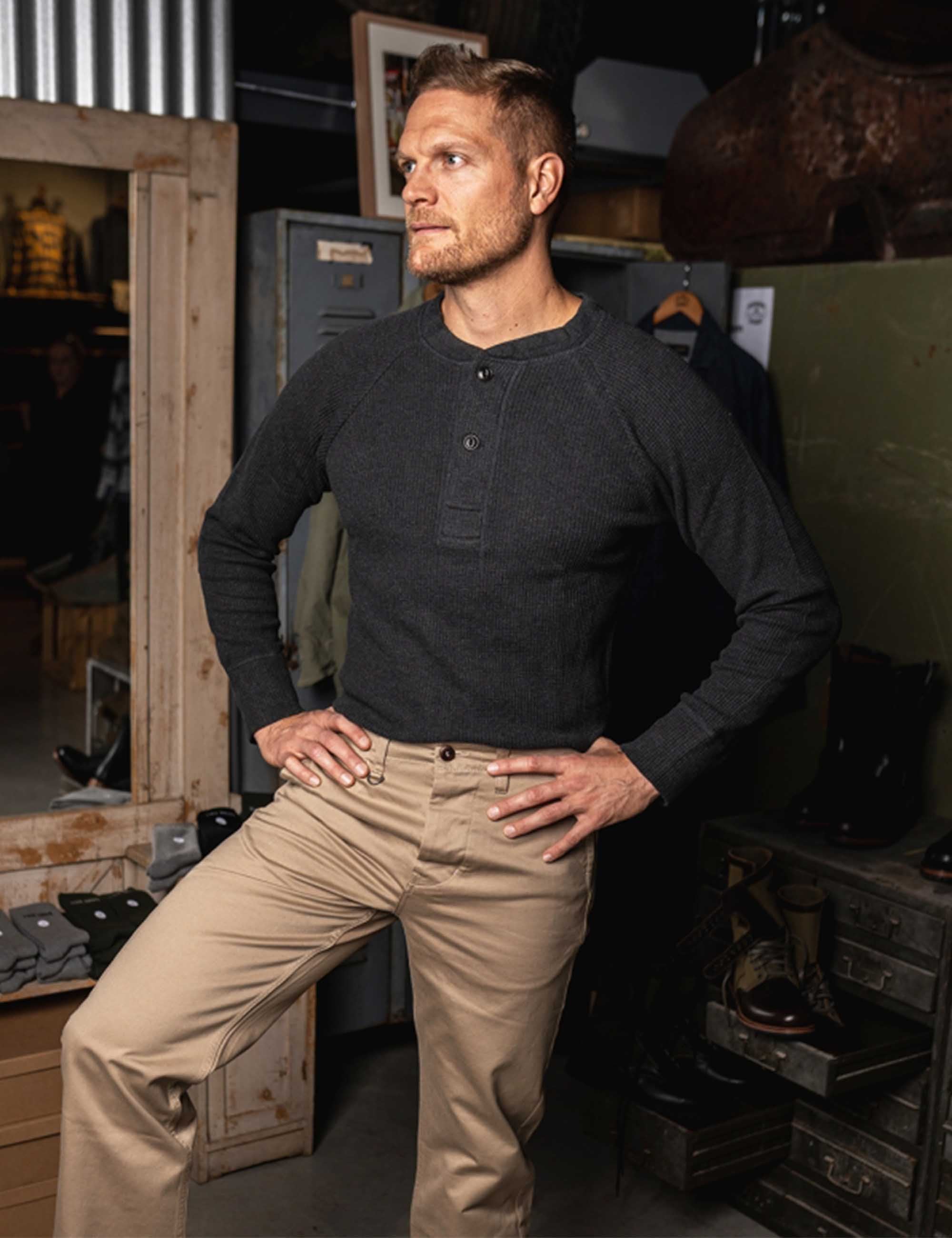 1936 Waffle Henley T-Shirt Shirt - Iron Grey