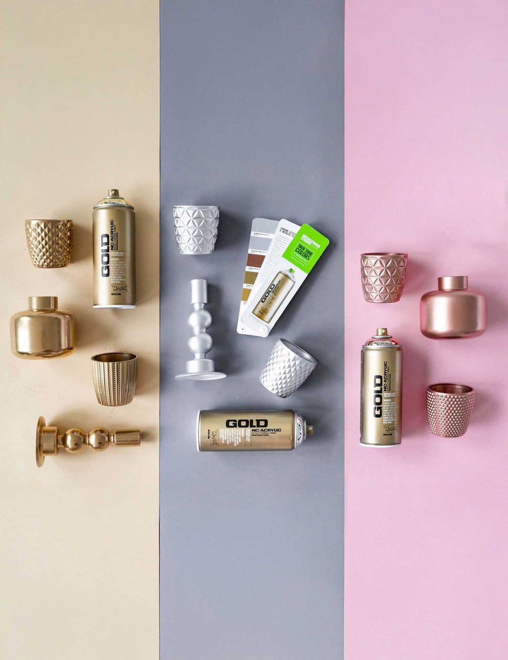 Spray paint can set with several metallic cans and caps
