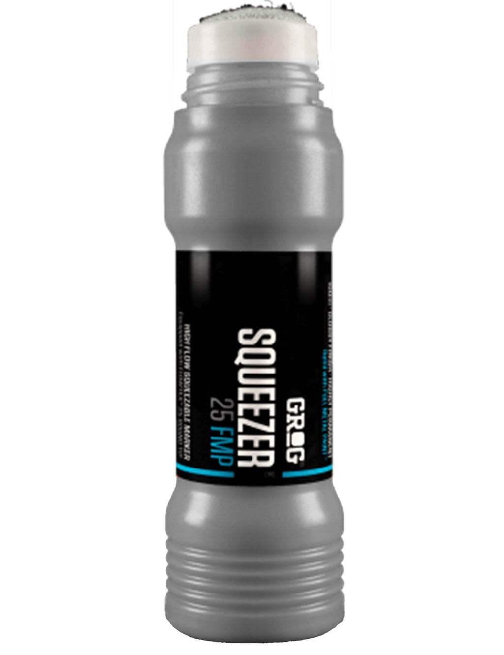 Squeezer marker with white cap and gray bottle, chisel tip