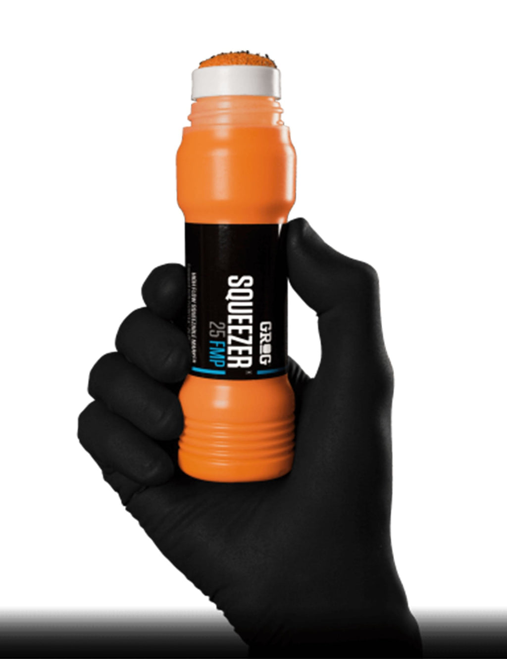 Orange Squeezer marker held in black glove, chisel tip at top