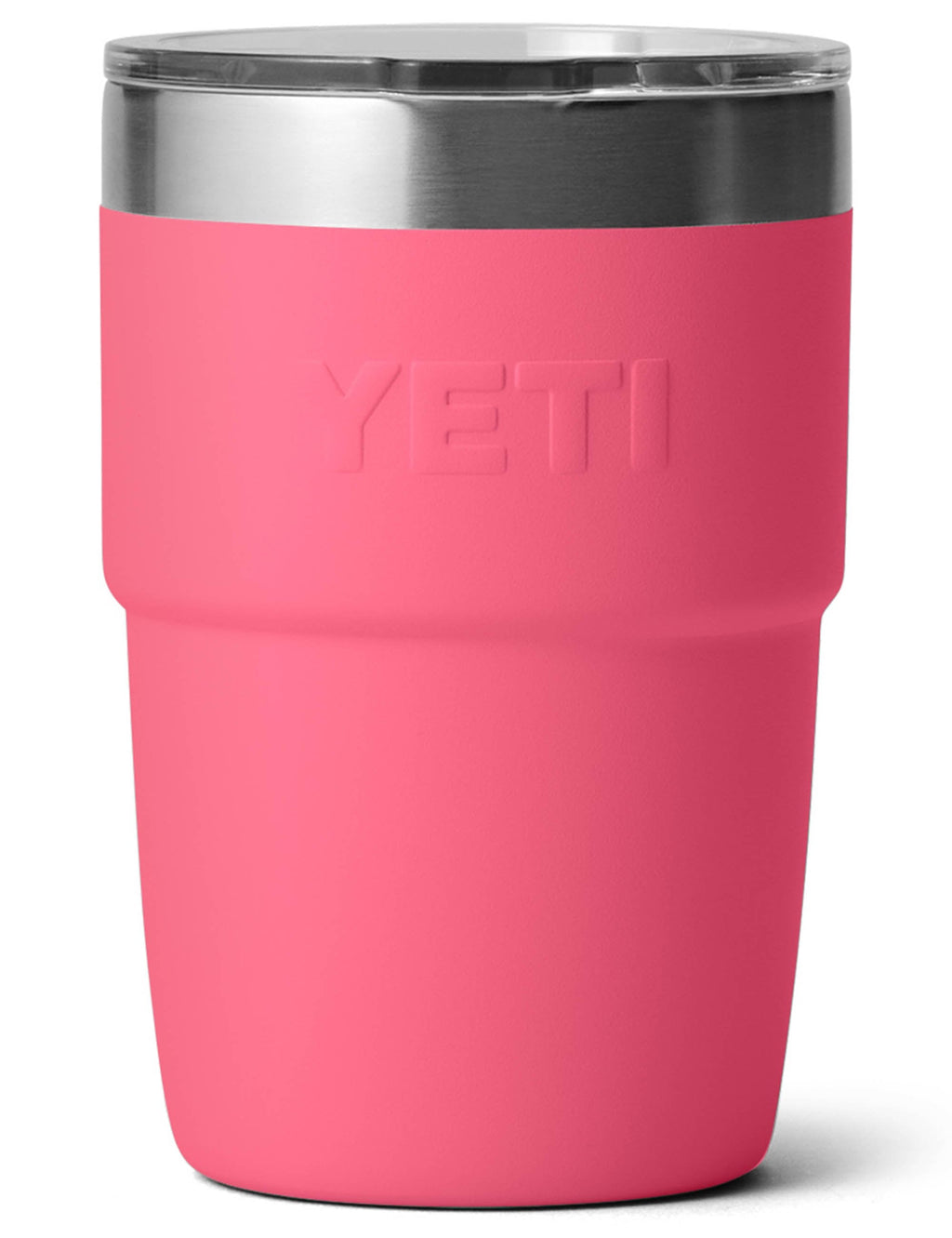 Stackable 8 oz cup with stainless lid, tropical pink, embossed YETI on front