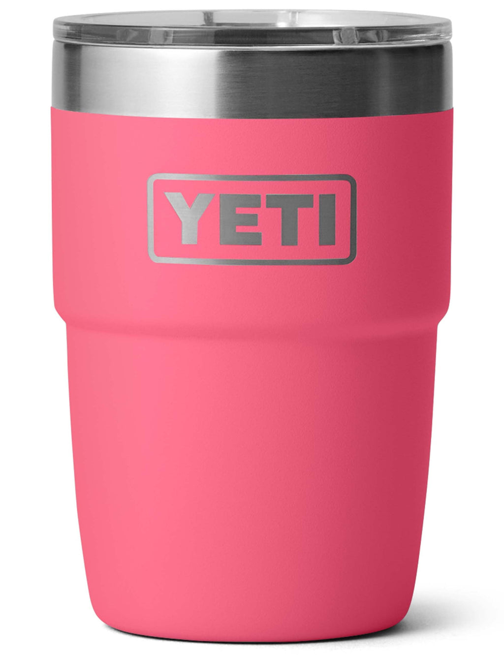 Stackable 8 oz cup with stainless lid, tropical pink, YETI logo on front
