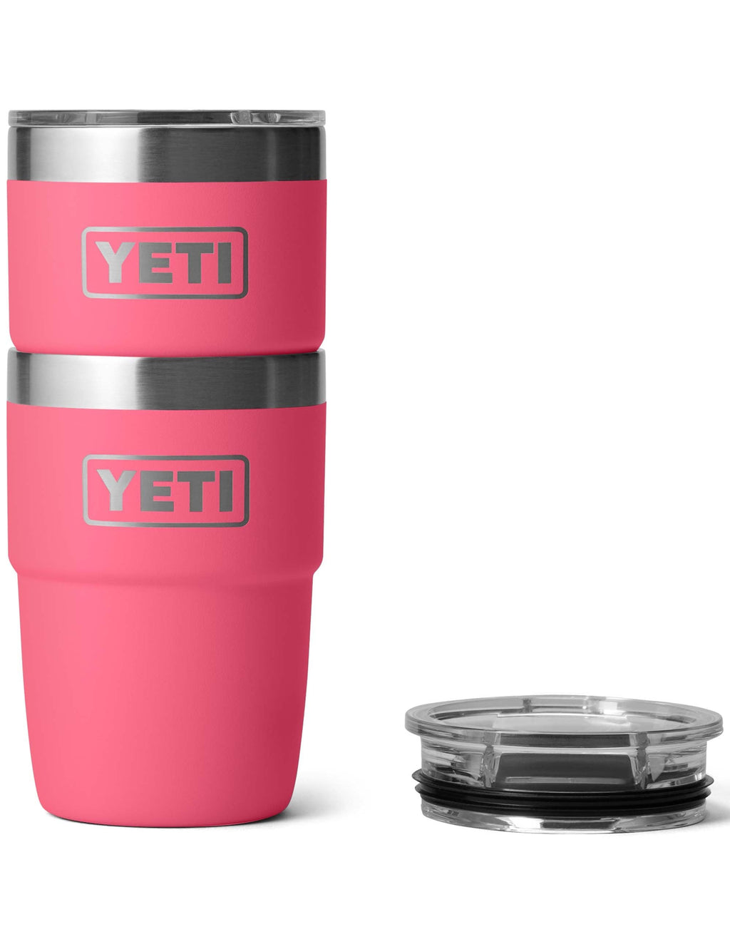 Stackable 8 oz cups in tropical pink, stainless lids stacked, plus clear spare lid