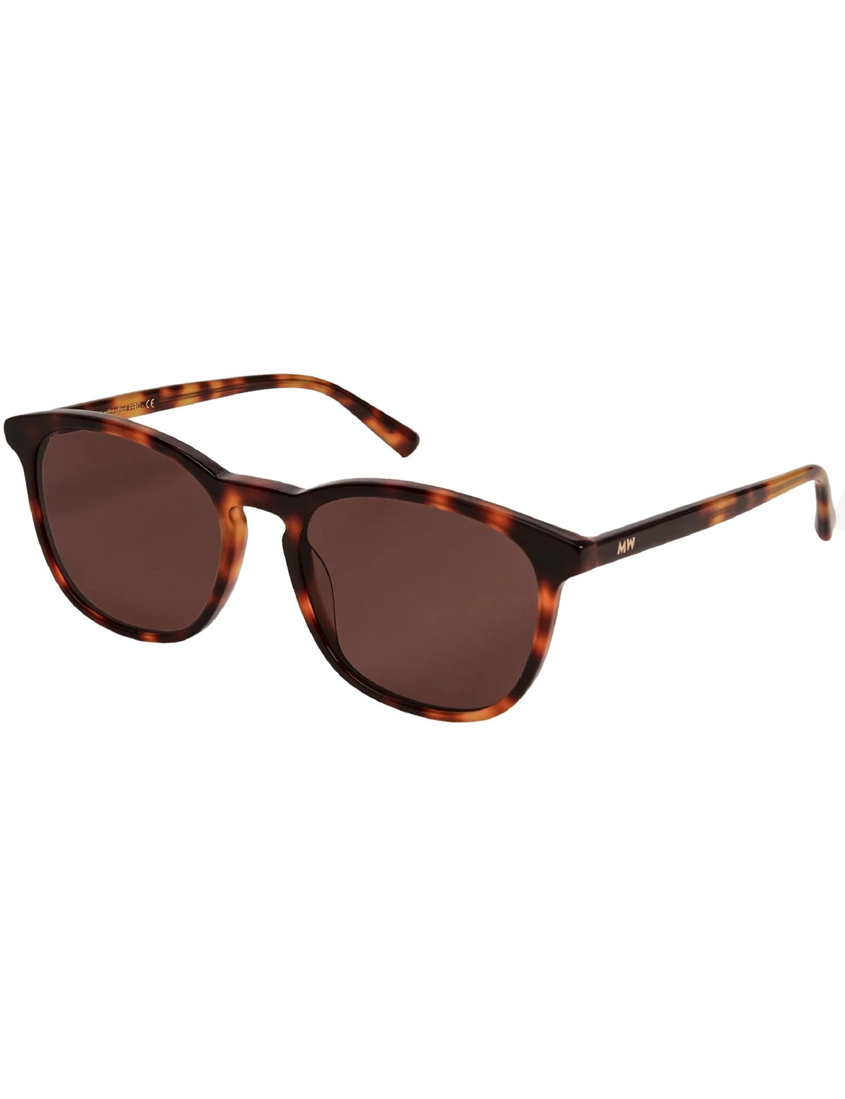 Brown-tinted sunglasses with tortoise-brown frames, cat-eye side view