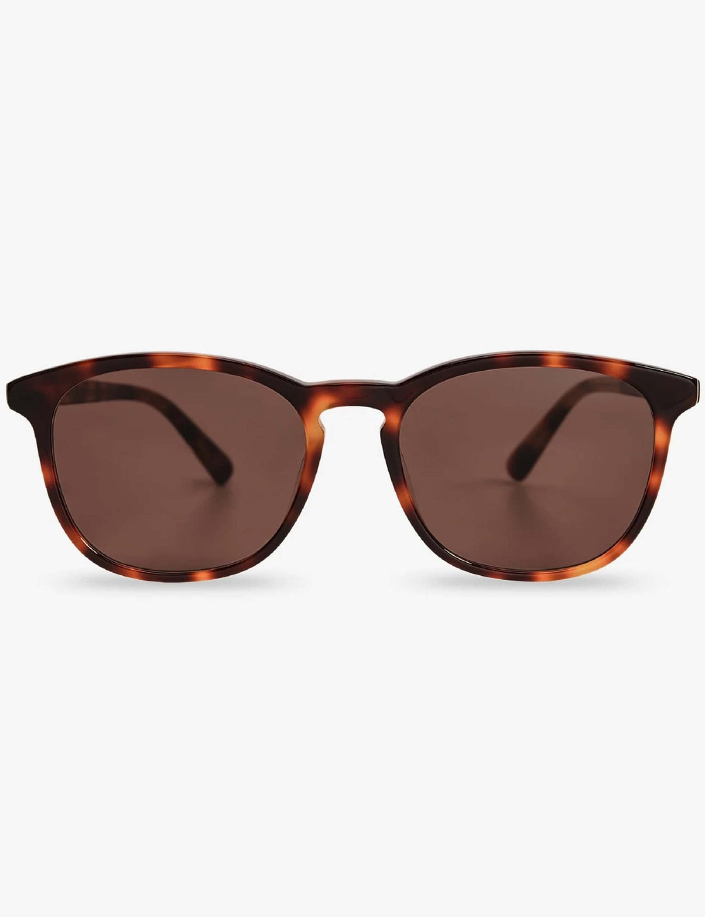 Brown-tinted cat-eye sunglasses with tortoise-brown frames, straight-on view