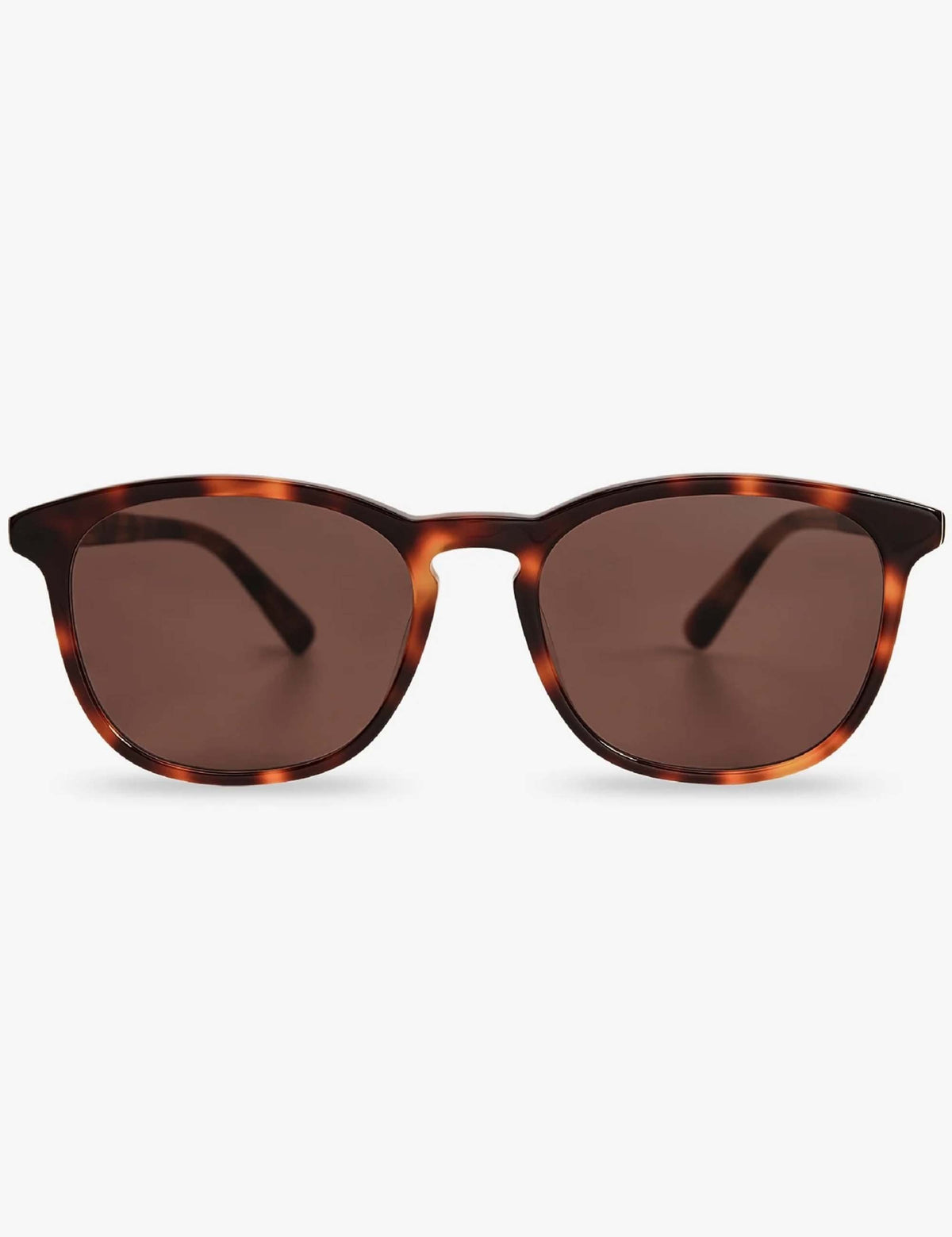 Brown-tinted cat-eye sunglasses with tortoise-brown frames, straight-on view