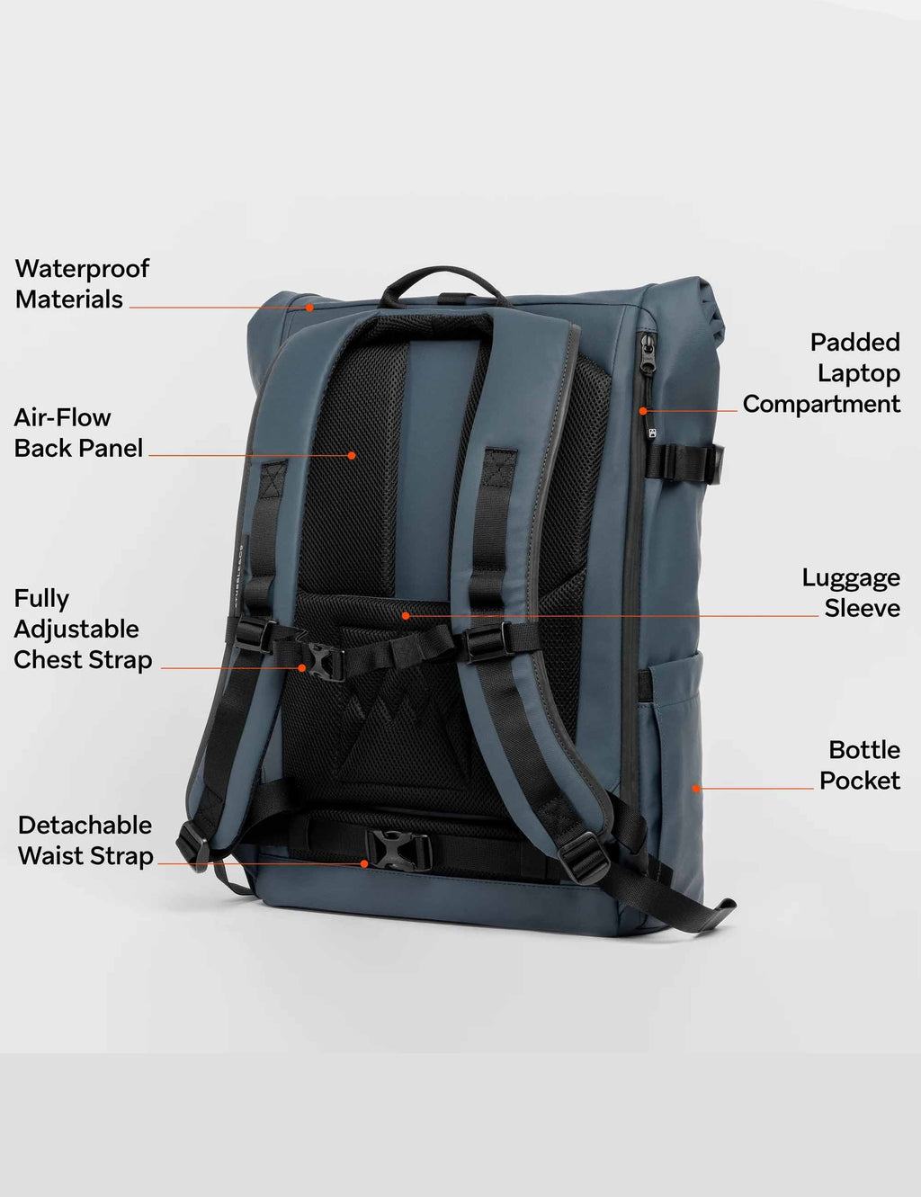 Blue roll-top backpack with air-flow back panel, padded chest strap, laptop sleeve, bottle pocket.
