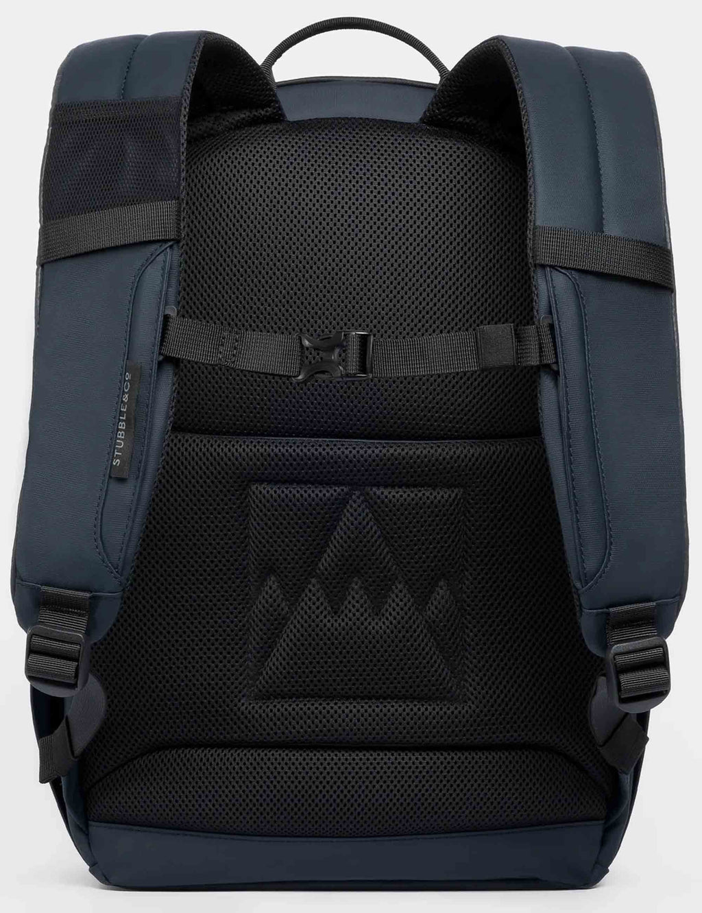 Midnight blue 20L backpack back panel with mesh padding and adjustable shoulder straps