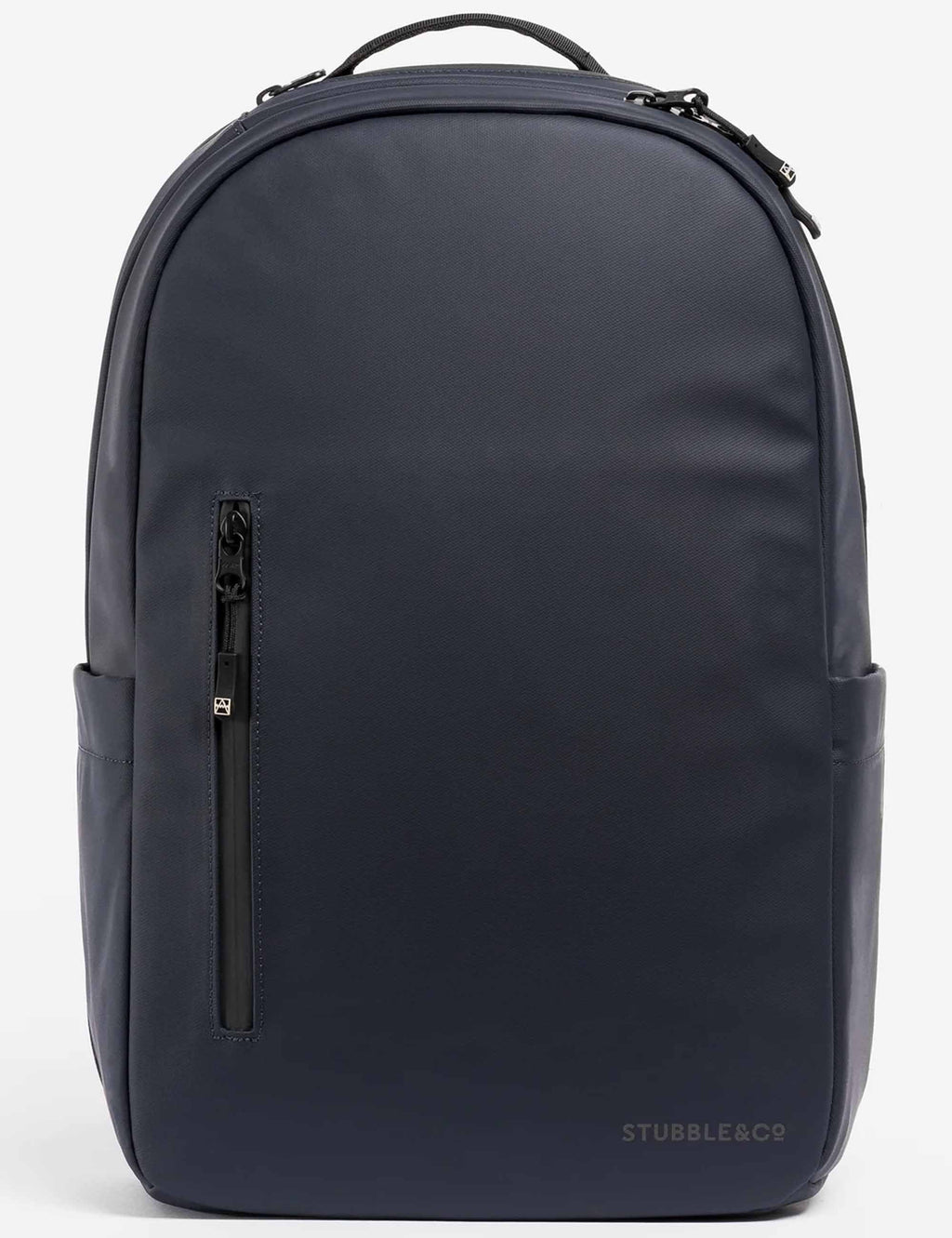 Midnight blue backpack with top handle, front zipper, and STUBBLE&CO logo