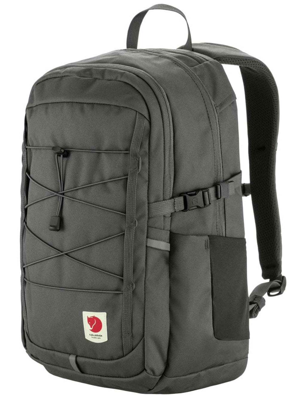 Dark gray backpack side view with padded back panel, shoulder straps, front zip pocket