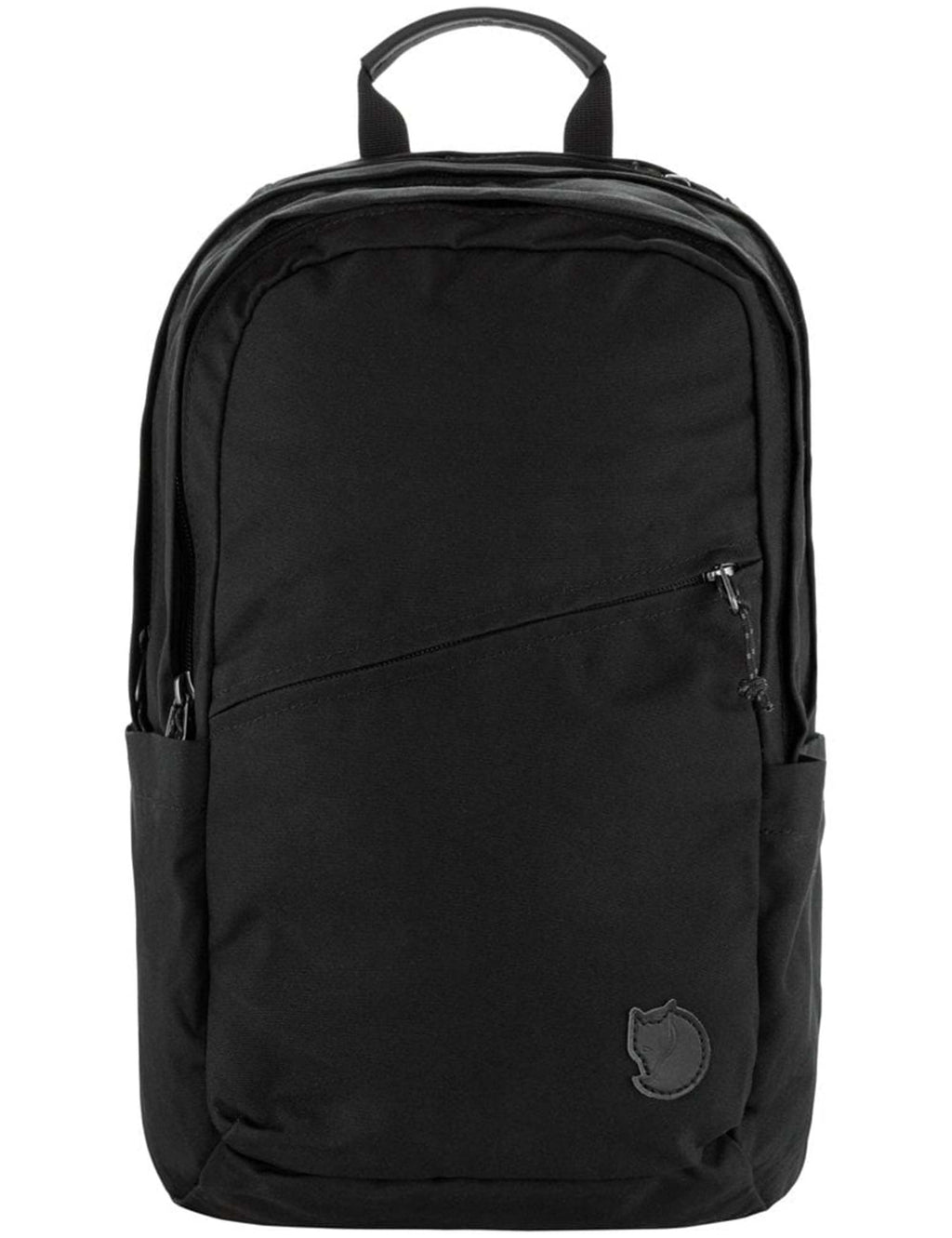 Black 20L backpack with front zip pocket and top handle