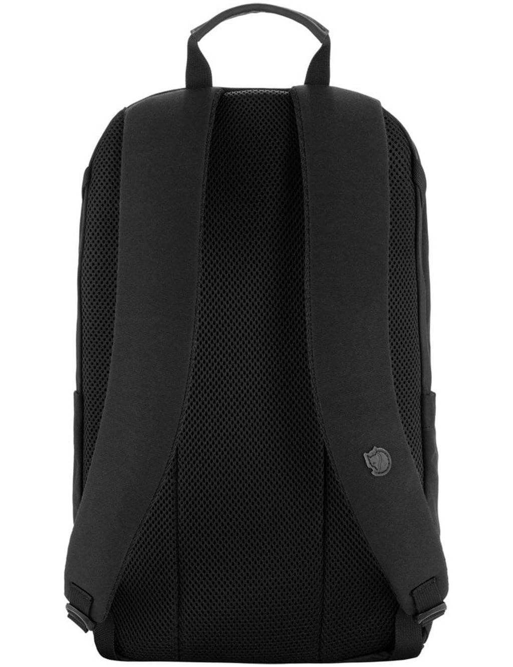 Black backpack back panel with padded mesh straps and carry handle