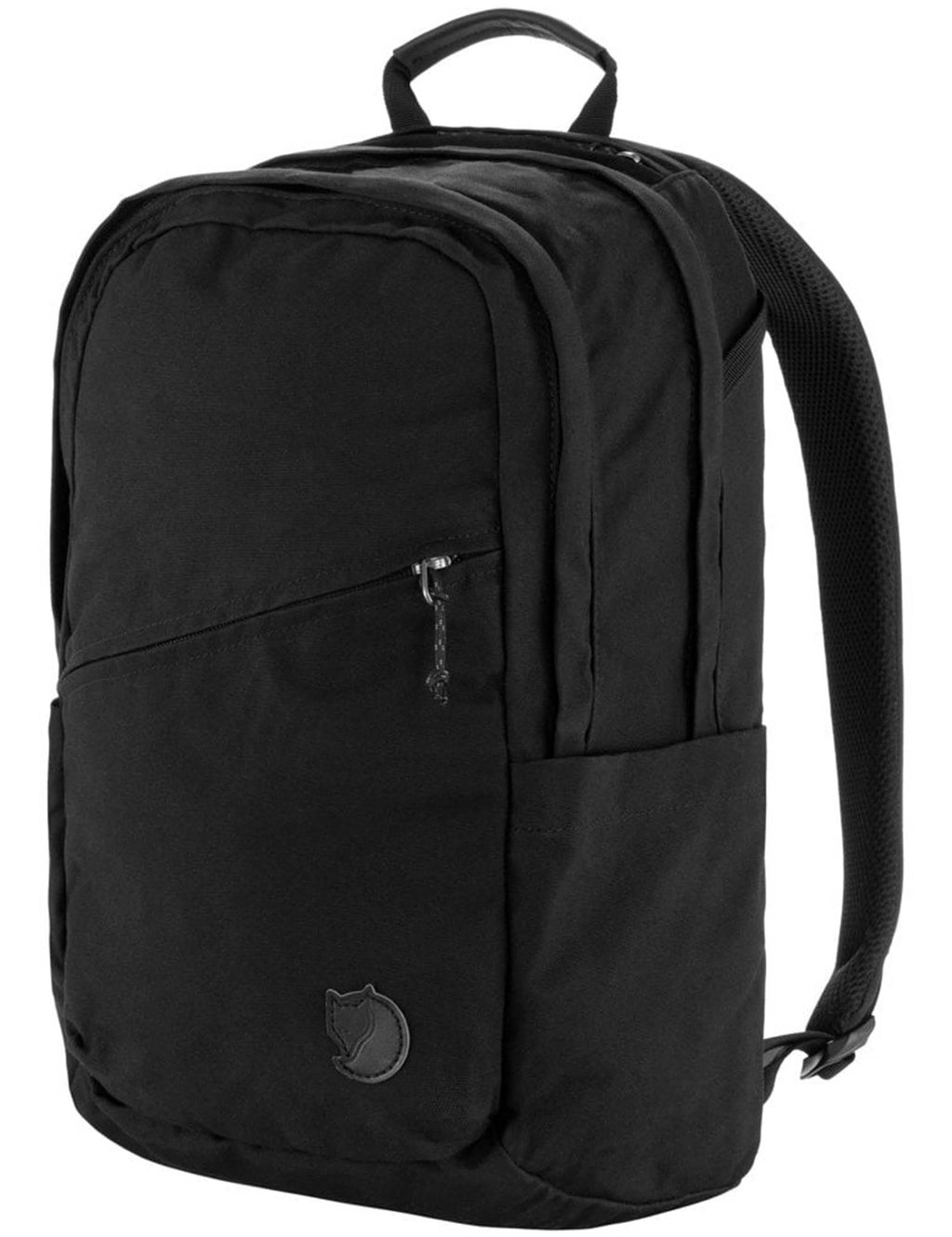 Black backpack with front zip pocket, side panel, and shoulder strap