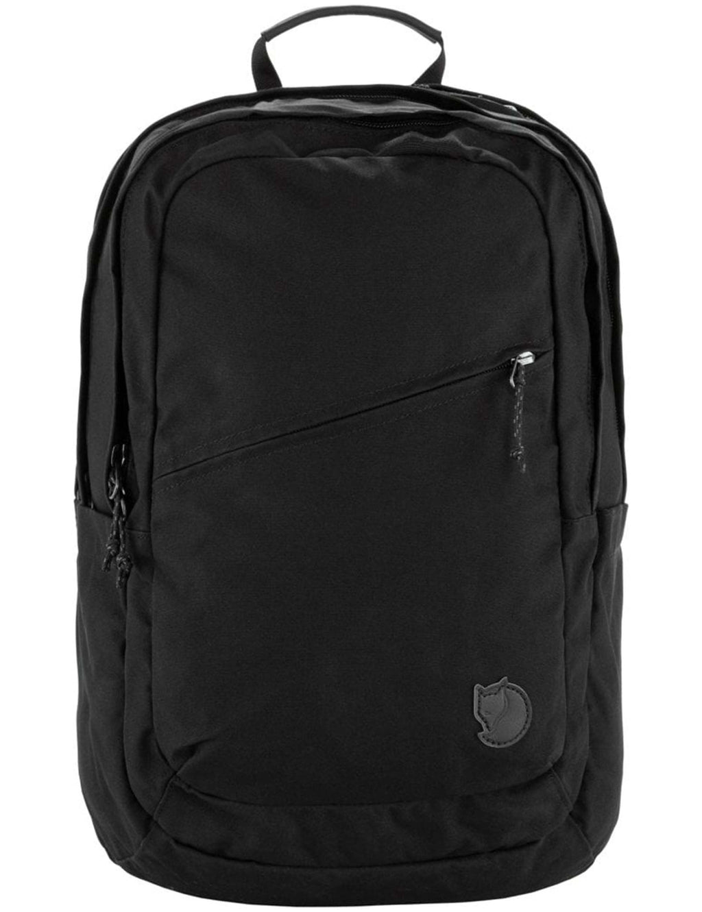 Black 28L backpack with front zip pocket and top handle