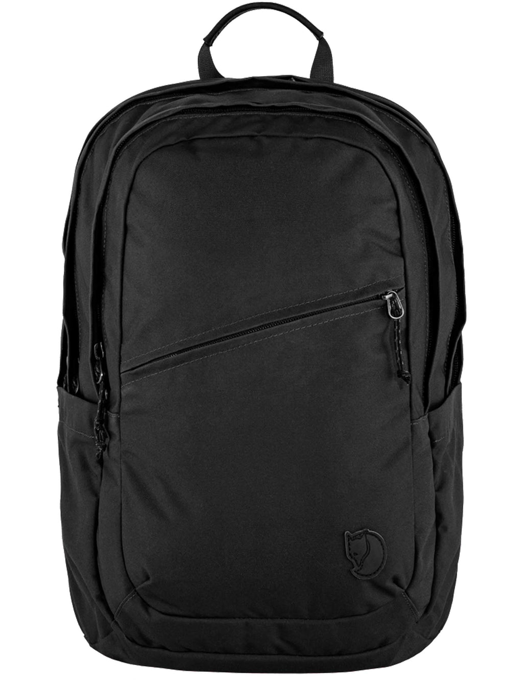 Black backpack with front zipper pocket and small shield logo