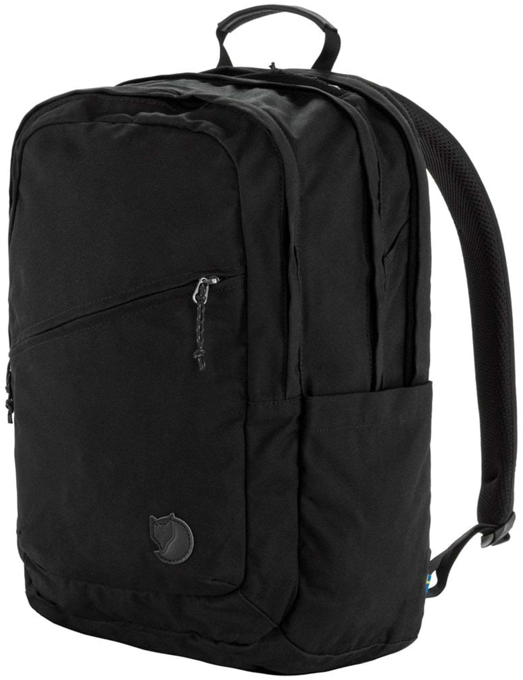 Black backpack with front pocket, side panel, and zipper pull