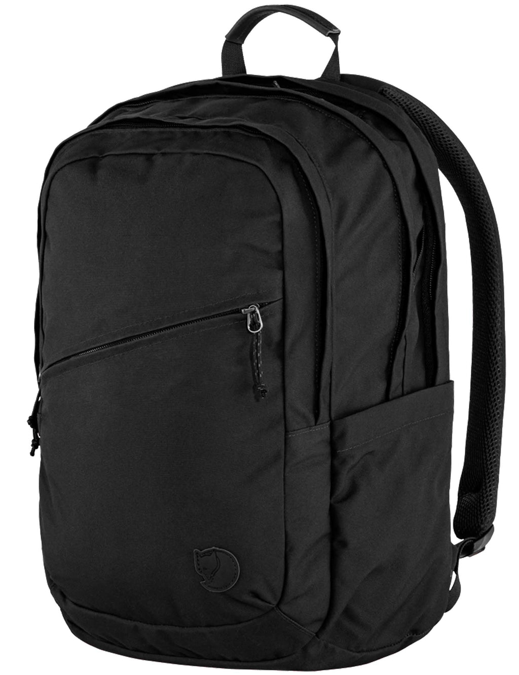 Black backpack side view with top handle and padded back panel