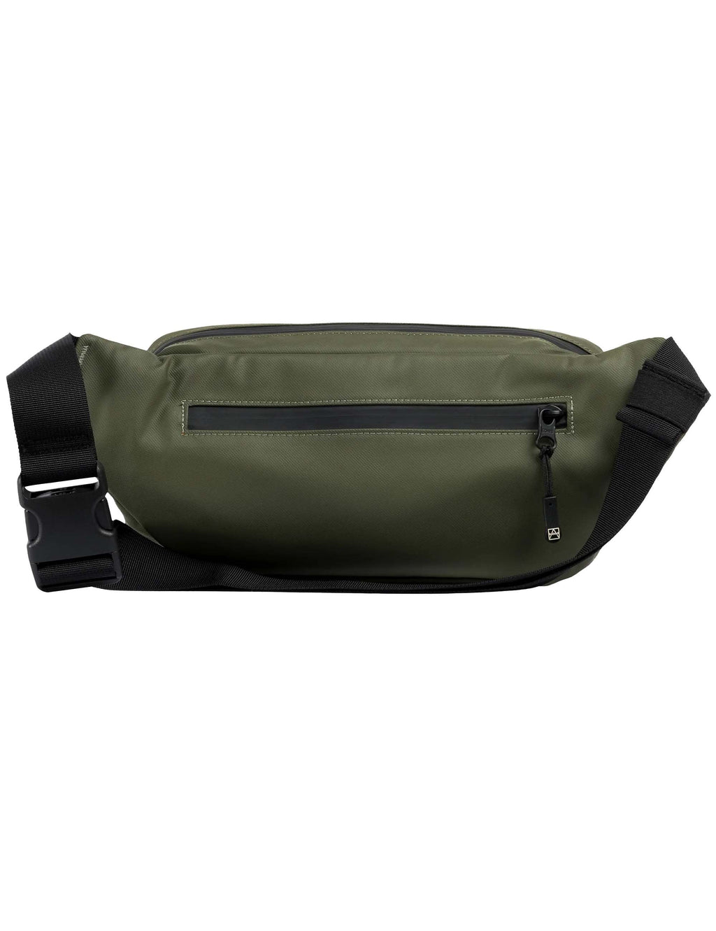 Olive green 3L crossbody bag with front zip pocket and black strap