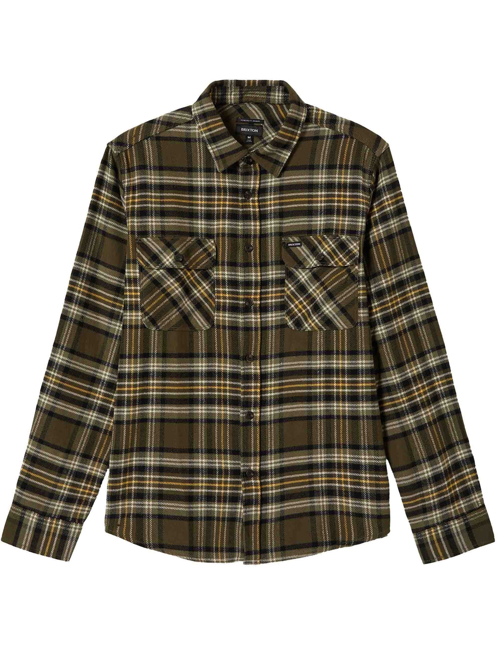 Plaid flannel button-up shirt with flap chest pockets, dark olive and black tones