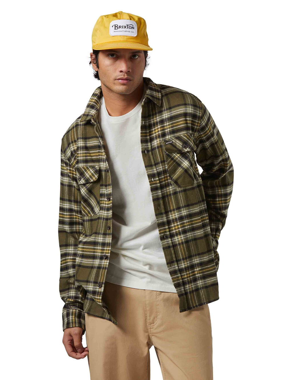 Plaid flannel button-up shirt with long sleeves and button front, olive and dark tones
