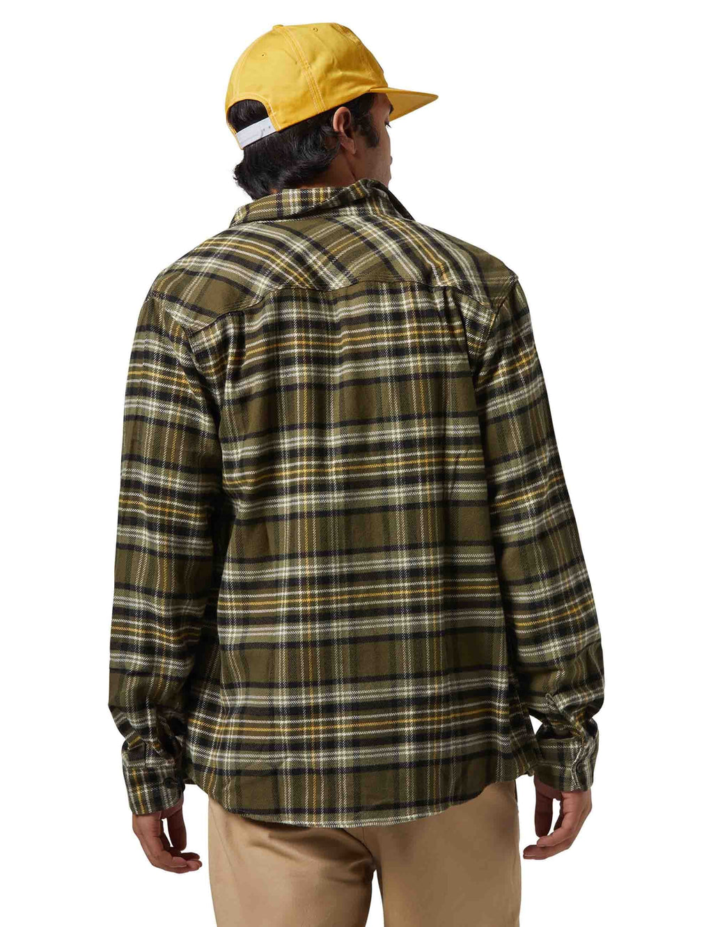 Plaid flannel button-up shirt back view with yoke and long sleeves