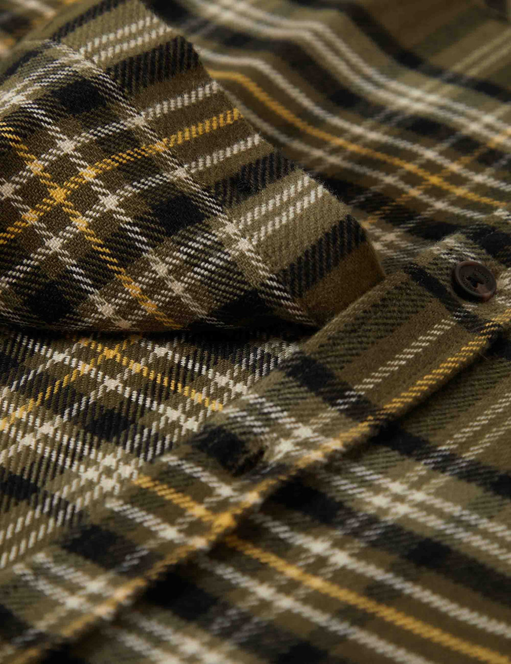 Plaid flannel fabric close-up with check pattern and button placket detail