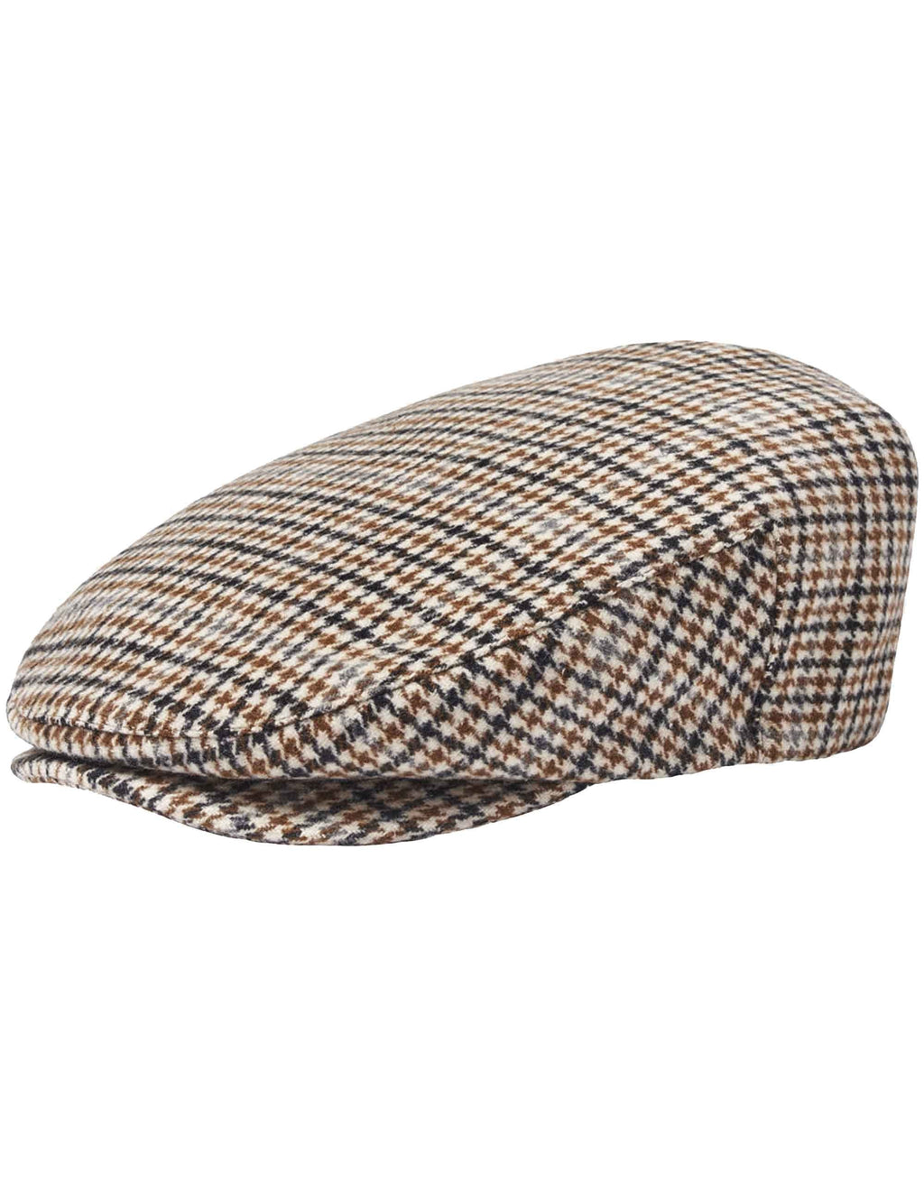 Hooligan flat cap in houndstooth check fabric, off-white with navy and tan tones