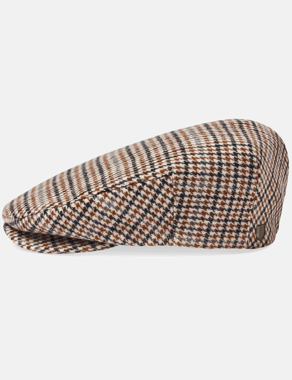 Houndstooth flat cap, off-white with navy and tan woven pattern and curved brim