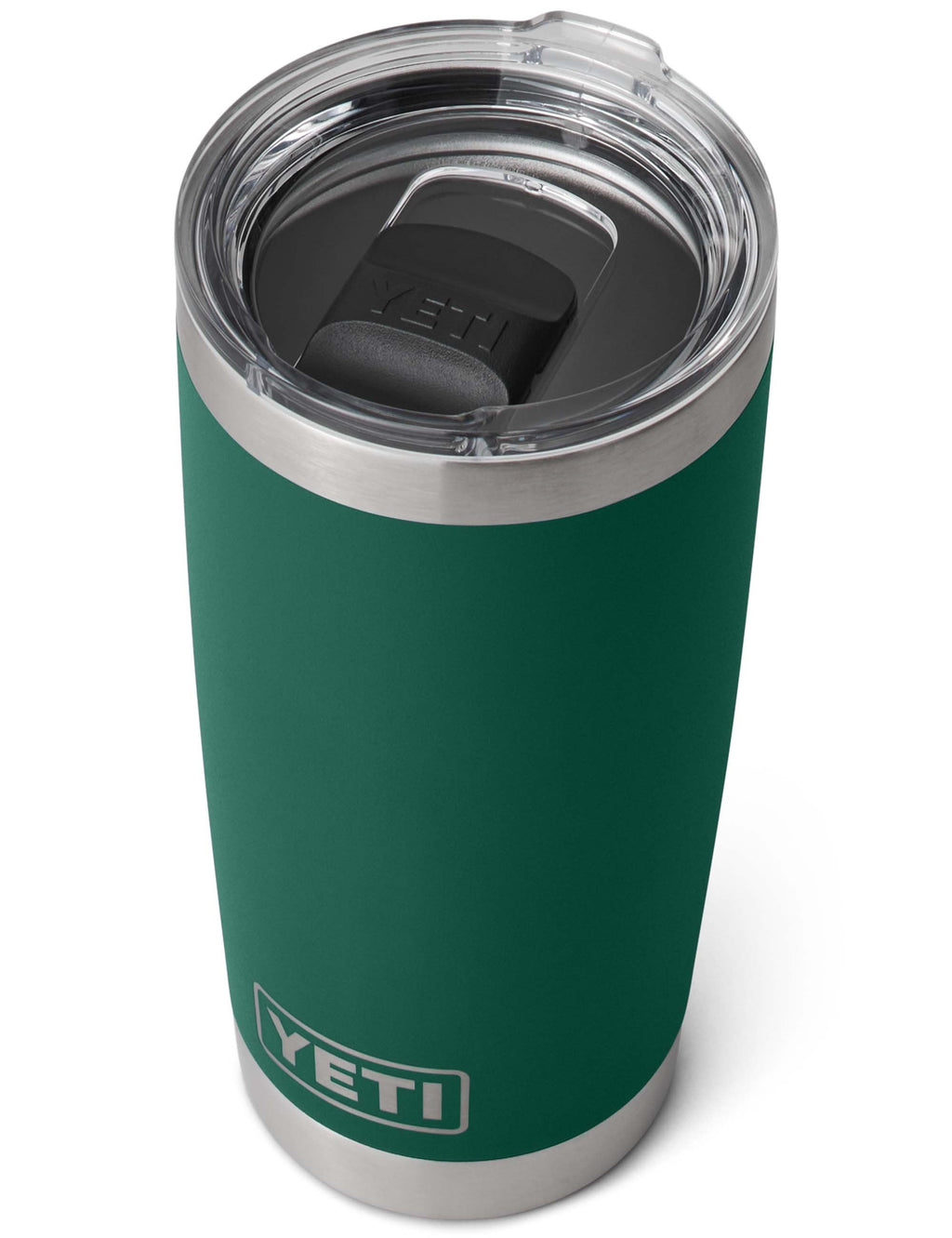 20oz Rambler tumbler top view with stainless lid opening, forest green body