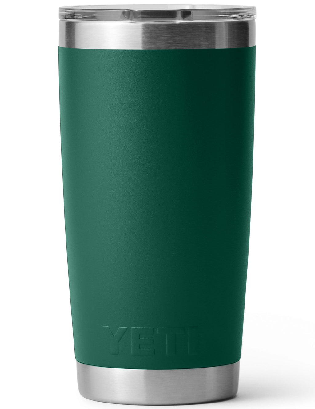 20oz Rambler tumbler in forest green with stainless rim and embossed YETI logo