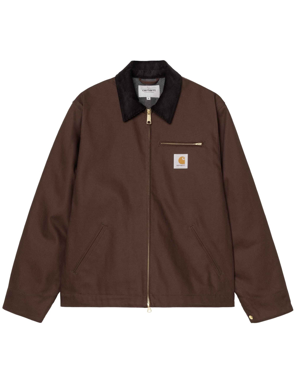 Winter jacket in tobacco brown with black shearling-style collar, full-zip front