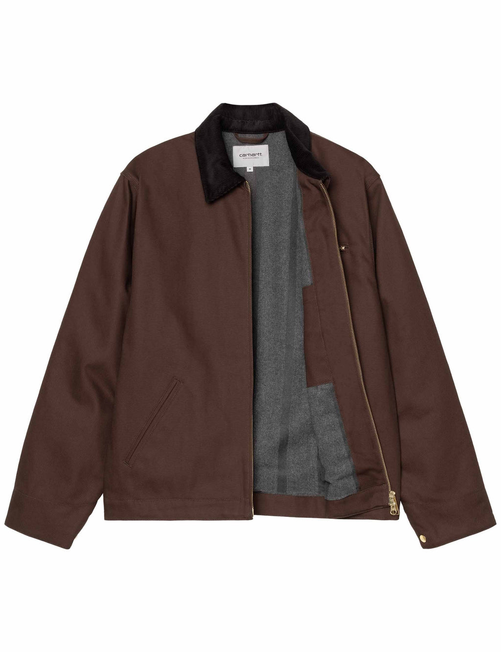 Winter jacket with tobacco brown exterior and black collar; quilted grey lining visible