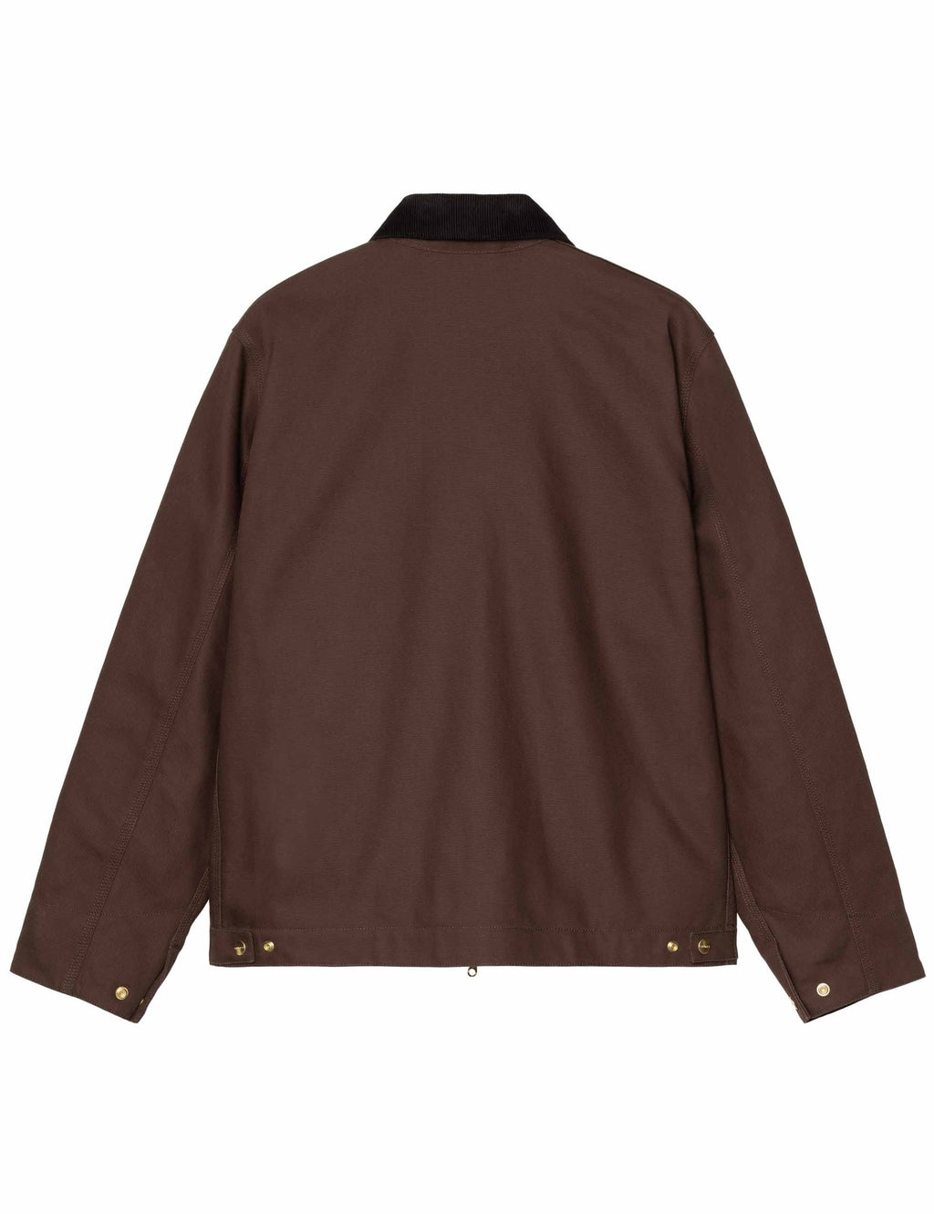 Back view winter jacket in tobacco brown with snap cuffs and stand collar