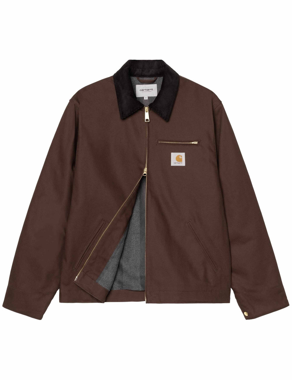 Winter jacket in tobacco brown with black collar; inner lining and zip details