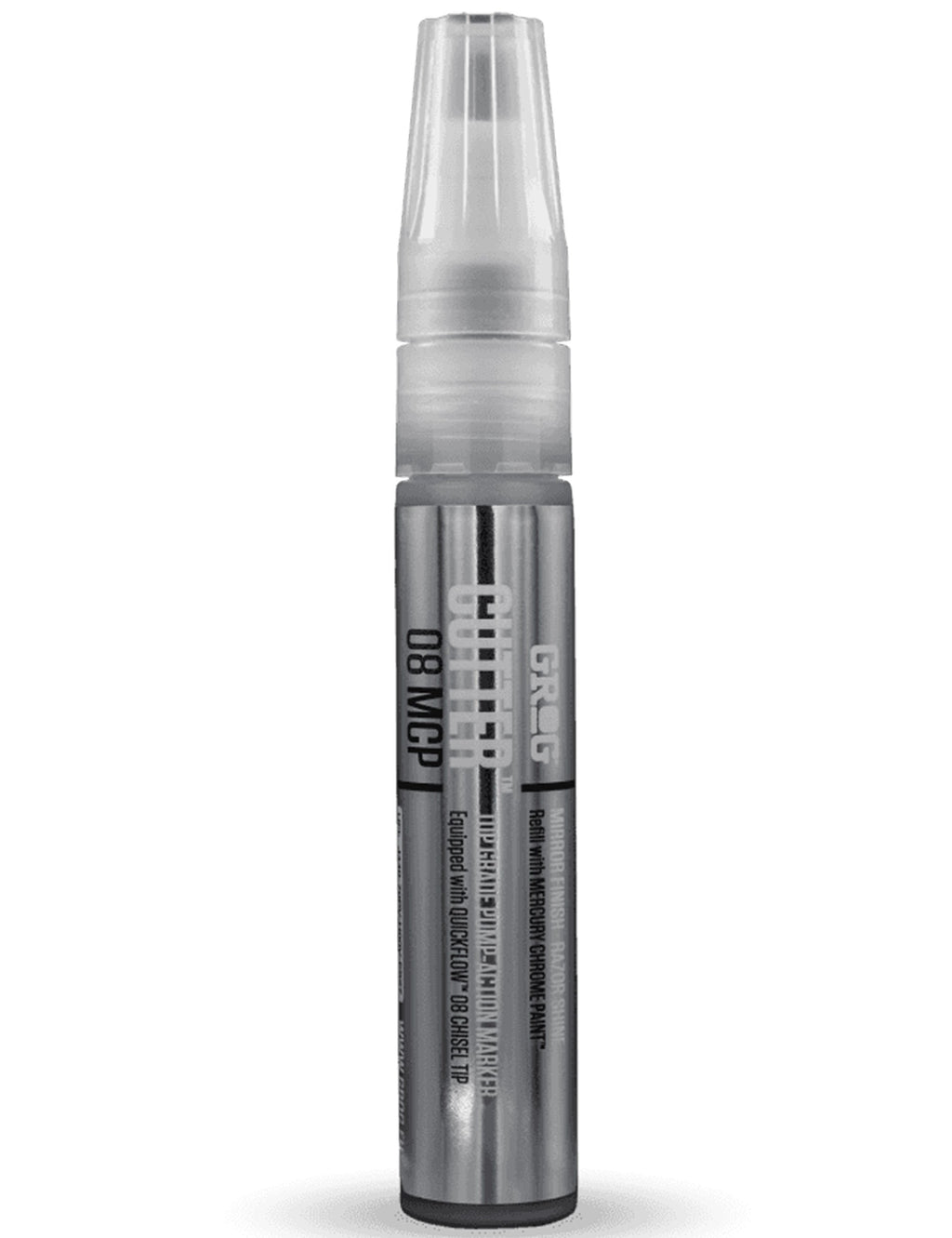 Chrome paint cutter pen with clear nozzle cap, silver ink barrel