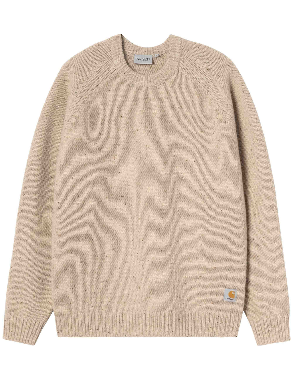 Speckled knit crew sweater in light beige with ribbed collar, cuffs, and hem