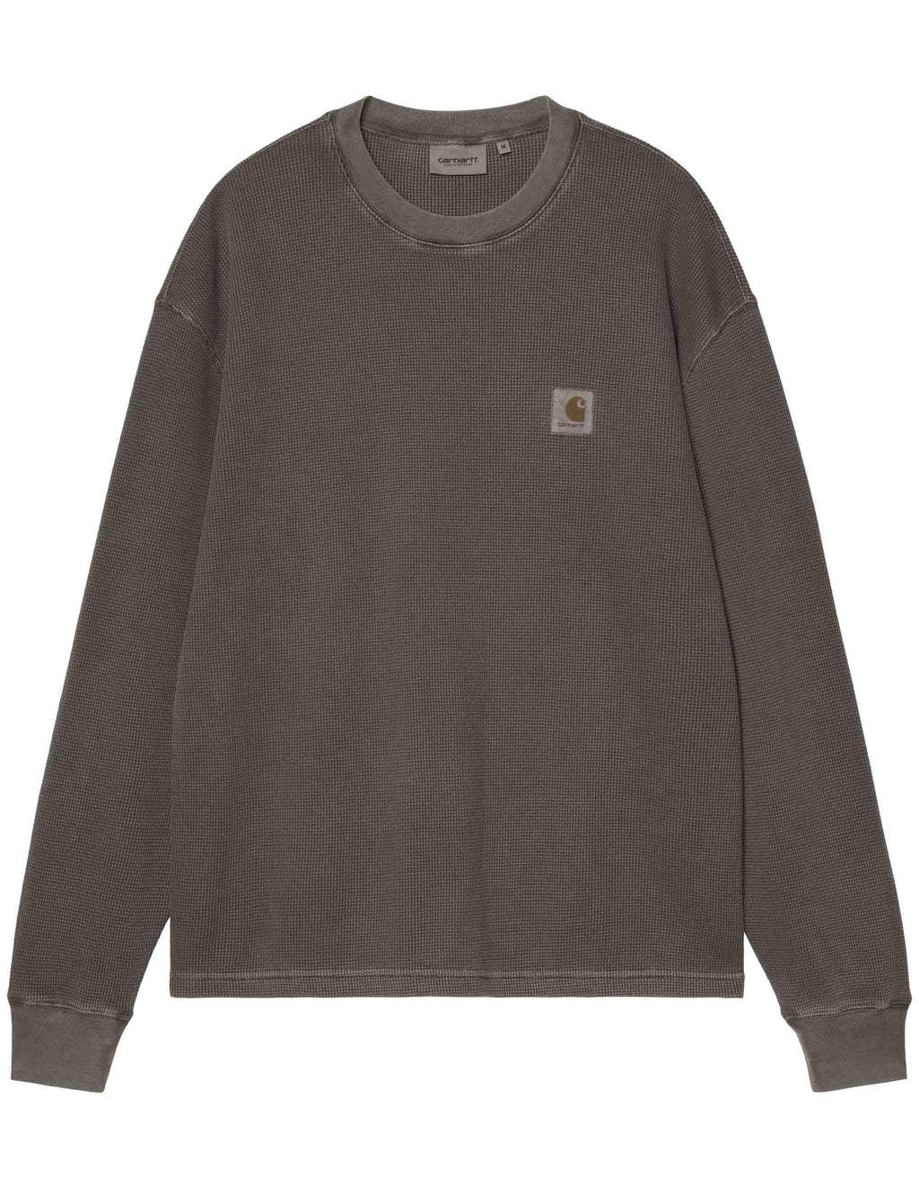 Black long-sleeve crewneck top with small chest logo, garment-dyed finish
