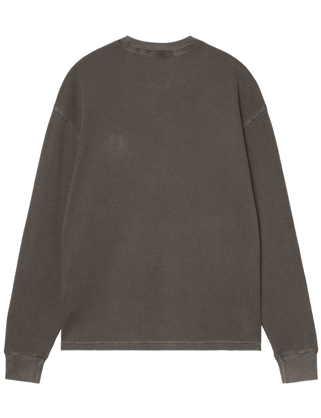 Black long-sleeve crewneck top with back view, garment-dyed finish