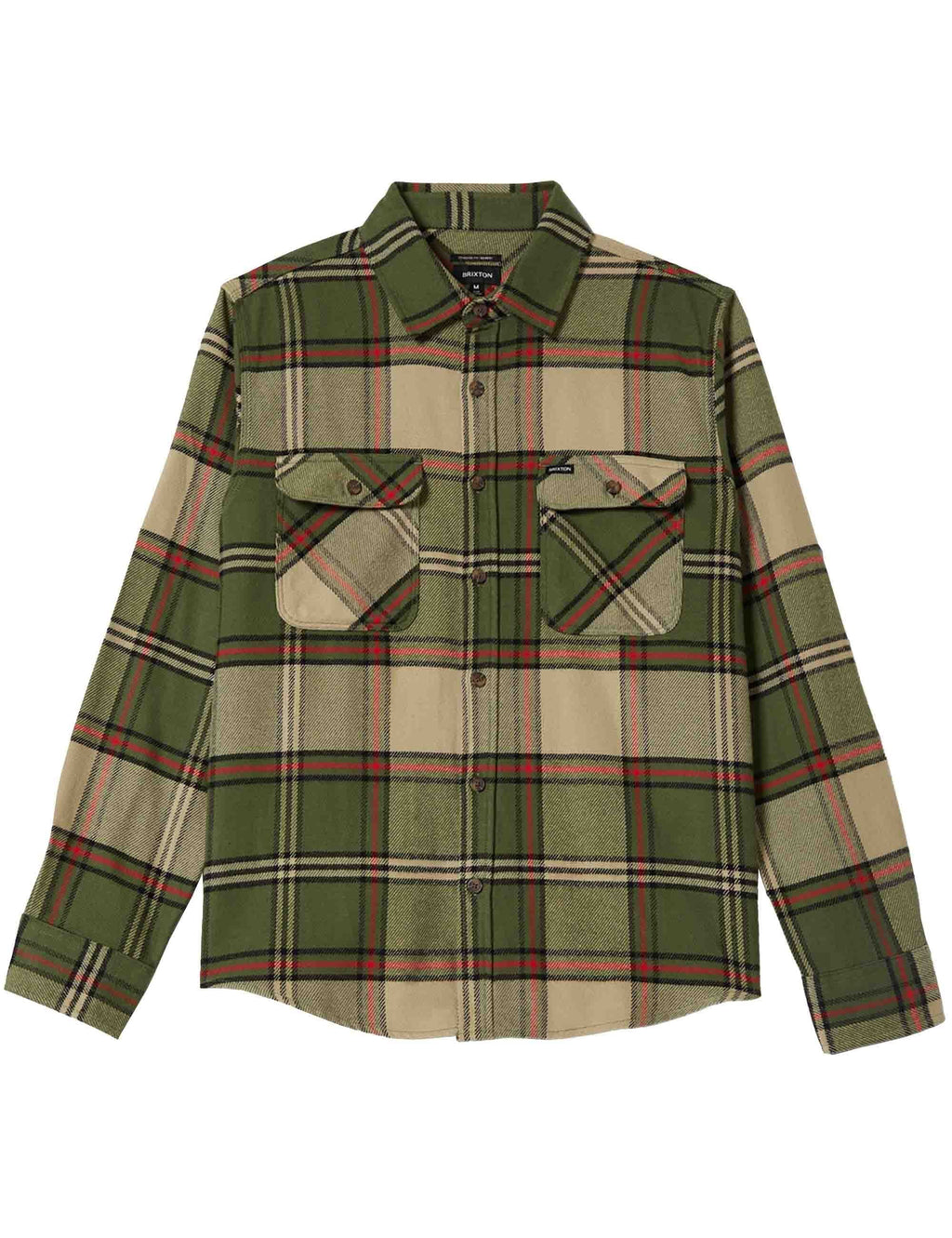 Plaid flannel button-up shirt with chest flap pockets, green and red tones