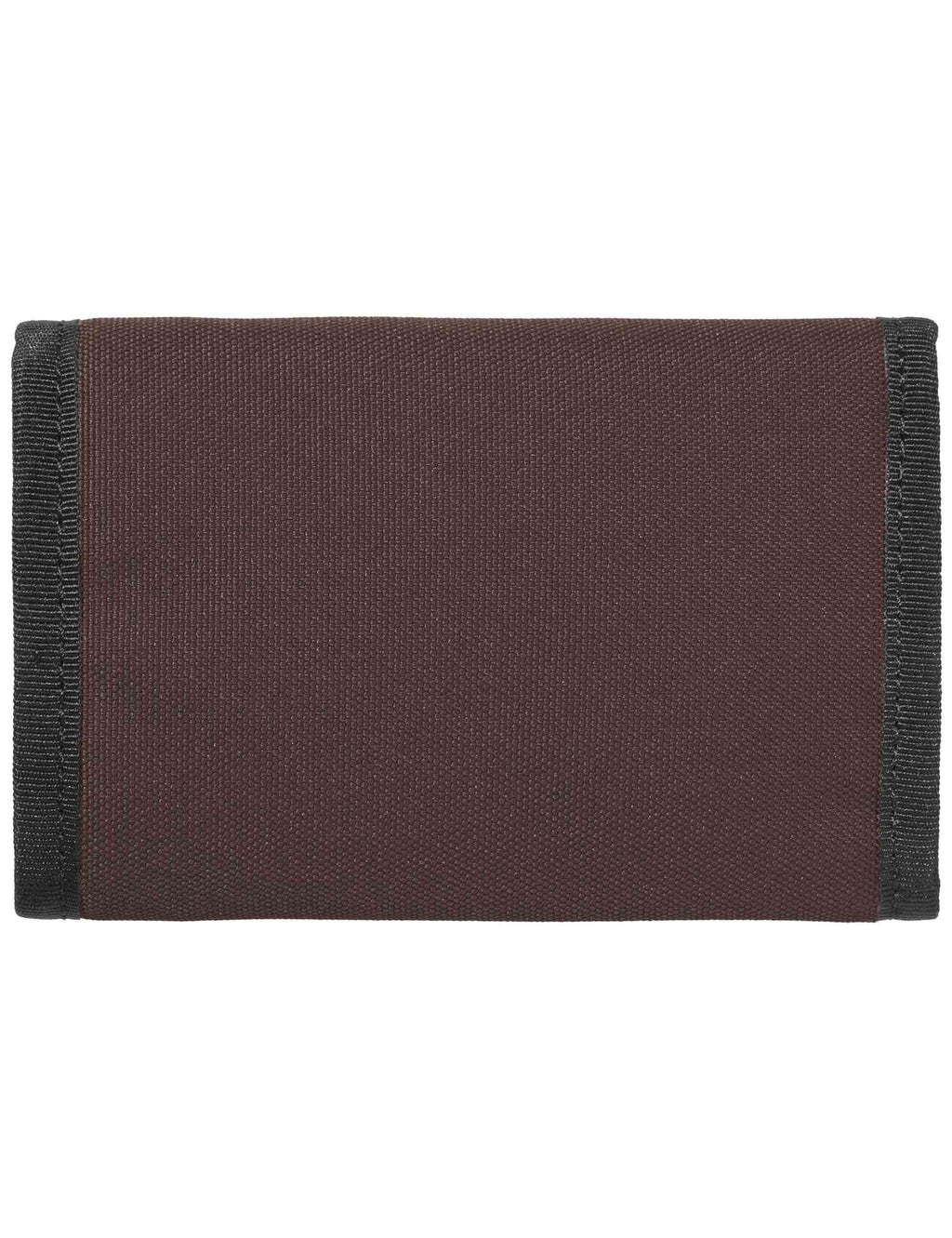 Brown fabric wallet front view with black stitched border