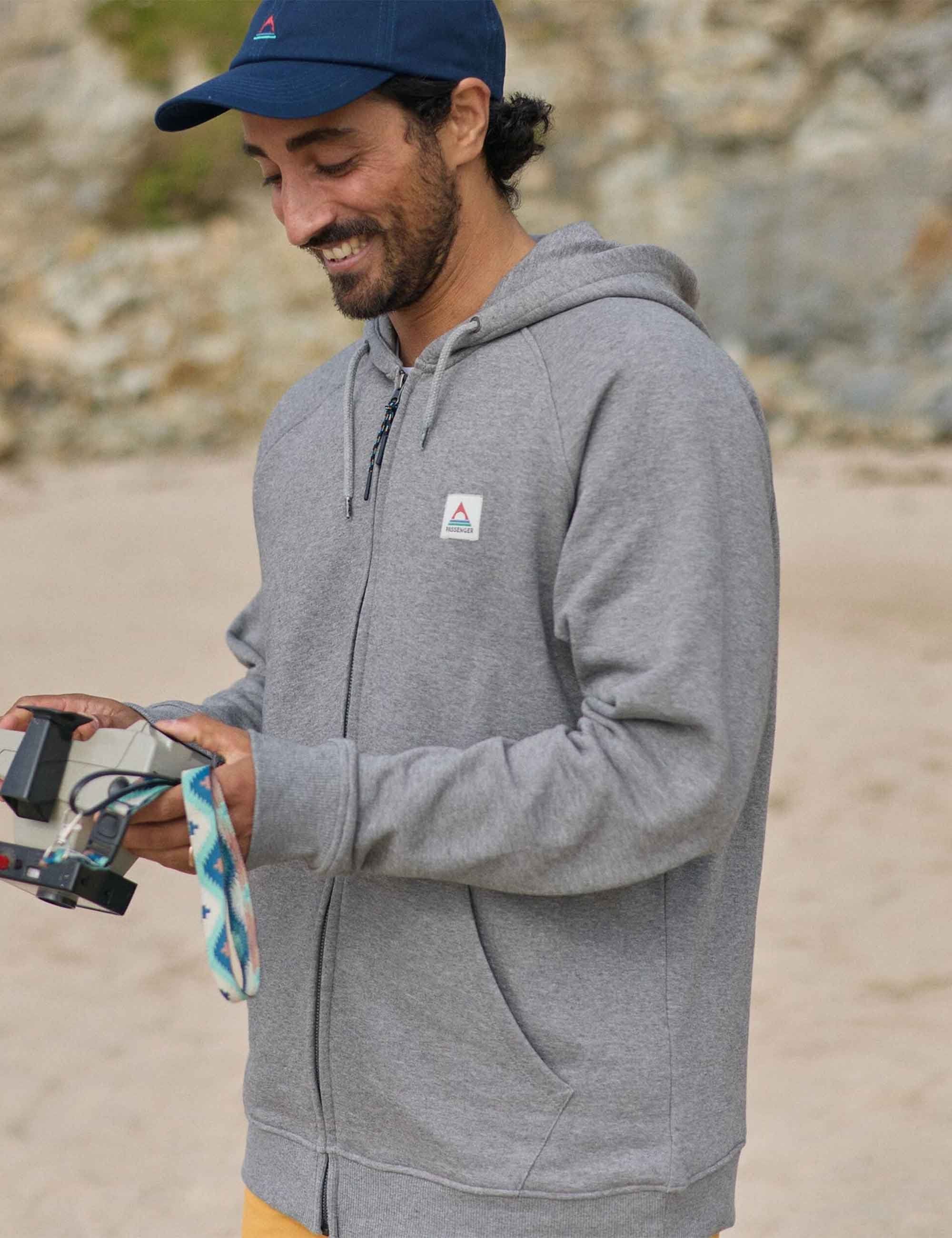 Passenger Heritage Recycled Cotton Full Zip Hooded Sweat - Dark Grey Marl